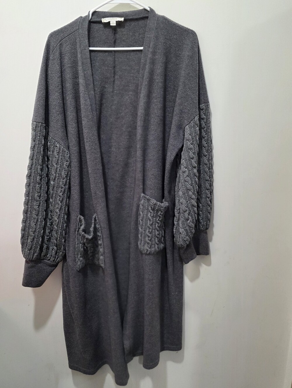 Suzanne Betro Dark Gray Open-Front Cable Sleeve Cardigan